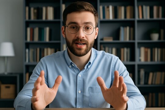 Confident young professional in casual blue shirt explaining business concept during virtual meeting in home office with bookshelves in background. Ai generative - Powered by Adobe