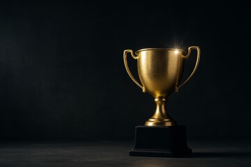 Fototapeta premium Golden trophy cup shining with light reflection placed on dark background symbolizing achievement and success in business or competition concept. Ai generative