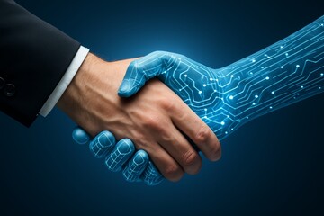 Human and digital hand shaking in partnership, symbolizing AI and business collaboration on dark blue background, futuristic technology concept.. Ai generative