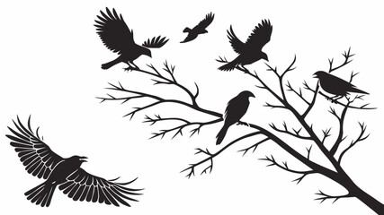 Obraz premium Vector illustration of silhouette of several black birds flying and perched on bare tree branches
