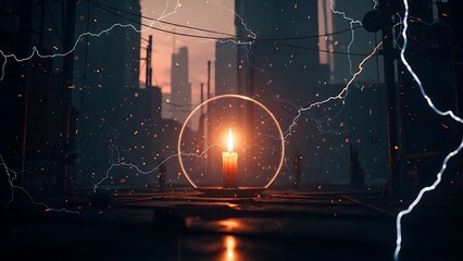 A solitary candle protected by an ethereal energy field, casting a warm glow amidst the electrifying storm and shadowy architecture of a futuristic metropolis