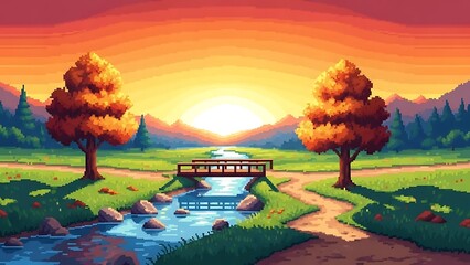 Pixel art landscape at sunrise with trees and a bridge over a stream