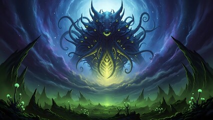 Cosmic Horror Creature Emerging From A Mystical Portal In A Dark, Alien Landscape