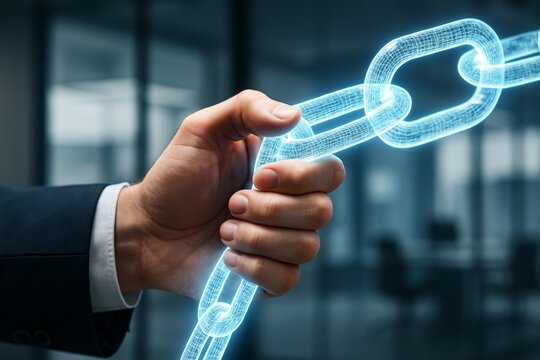 Businessman holding glowing digital chain symbolizing connection and strength in cybersecurity and blockchain business concept in office background. Ai generative - Powered by Adobe