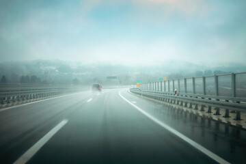 Rainy and foggy weather on the highway