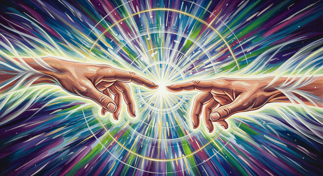 Luminous Hand Reaching Through Cosmic Portal Touching Another Hand Timeline Connection And Signs from Another You Watercolor Illustration JPG