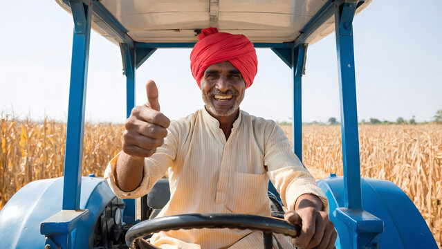 Successful farmer giving thumbs up from tractor in golden cornfield under clear blue sky on sunny day