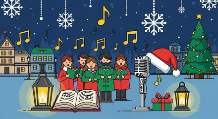Festive choir singing carols under a snowy sky, spreading Christmas cheer in the town square, perfect for holiday greetings and seasonal promotions, radiating warmth and joy
