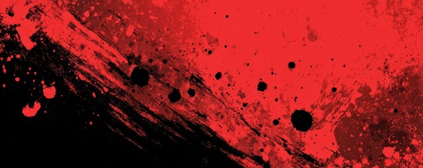 A bold red brushstroke with splatters on a dark background.