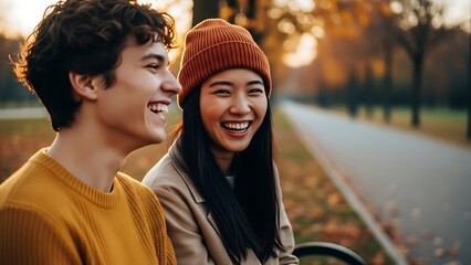 Laughing Together A Young Couple Enjoying Autumn's Warmth in the Park