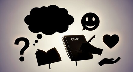 Embrace self-reflection and mindfulness with journaling, capture your thoughts in a diary, and foster positivity with a smile, symbolizing joy and heart, inspiring personal growth