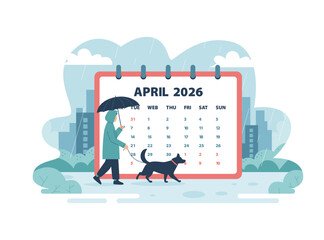 April 2026 calendar page vector illustration. A person walking a dog under an umbrella in the rain. Spring season concept with city background. Concept of business planning and schedule.