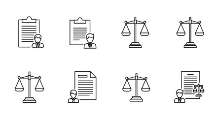 Legal expertise icons offer professional law solutions, with scales of justice and lawyer clipboards for balanced representation and expert consulting services