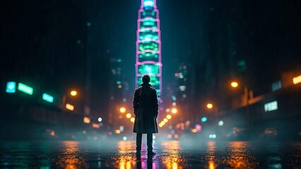 Man in trench coat standing in front of a neon-lit skyscraper in a futuristic city at night