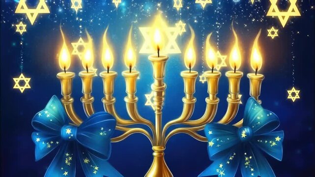 Golden Hanukkah menorah, brightly lit with nine glowing candles and blue bows. Sparkling Stars of David adorn the deep blue festive background, celebrating Jewish holiday joy.