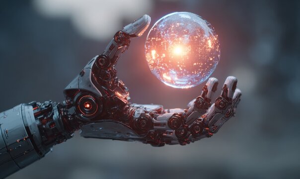 A robotic hand holds a glowing, transparent sphere with digital elements inside, set against a blurred background.