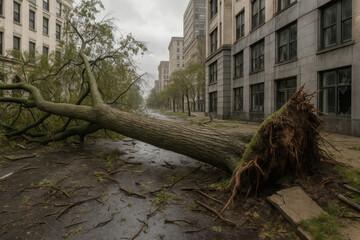 Obraz premium A massive fallen tree blocking a city street with its exposed roots, showing hurricane damage to buildings.