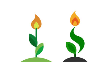 Two stylized green plants growing from the ground with a flame at the top symbolizing growth and development in a flat design style