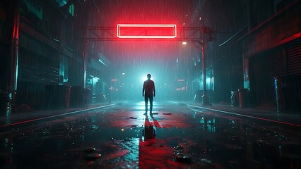 Man Standing in Futuristic City Street Under Neon Lights
