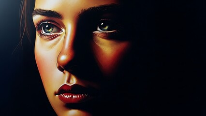 Dramatic portrait of a young woman's face illuminated by warm light in shadow