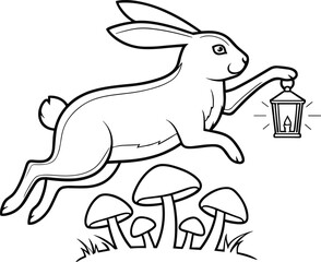 Leaping rabbit, glowing lantern, mushroom grass, fantasy line art, black and white, whimsical pose, nature scene, confident bunny, magical jump