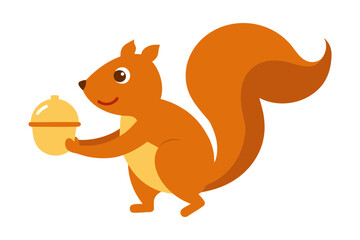 A cute cartoon orange squirrel holding a yellow acorn in its paws with a happy expression and a fluffy tail isolated on a black background
