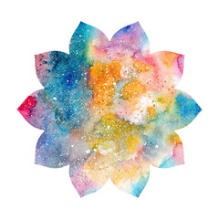 Illustration of mandala shape. Multicolored colorful watercolor texture, background. Oriental ethnic asian lotus flower symbol sign, chakra silhouette. Blue yellow colors.