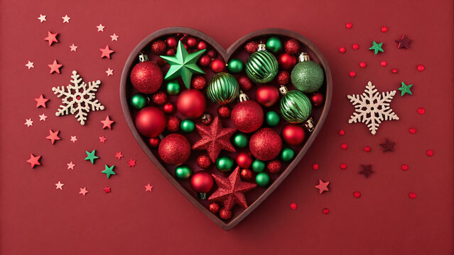 Colorful Christmas decorations arranged in a heart shape for festive celebrations and winter festivities - Powered by Adobe