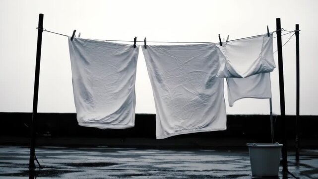 White Laundry Hanging on a Clothesline on a Rainy, Overcast Rooftop