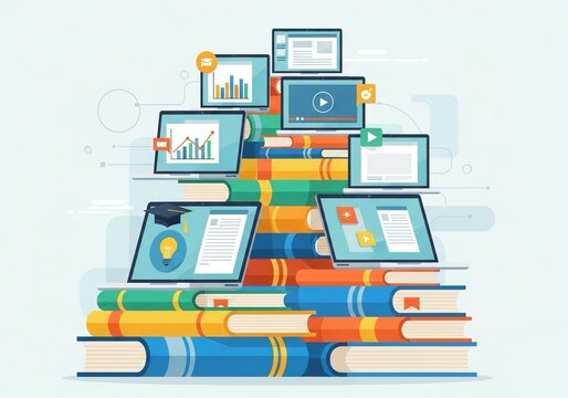 Elevate your brand with this vibrant, modern learning concept featuring books and laptops representing online courses and digital resources for education and training programs