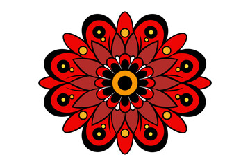 A vibrant and symmetrical red and yellow flower mandala design with intricate petal patterns and a dark black background creating a striking contrast and visual appeal