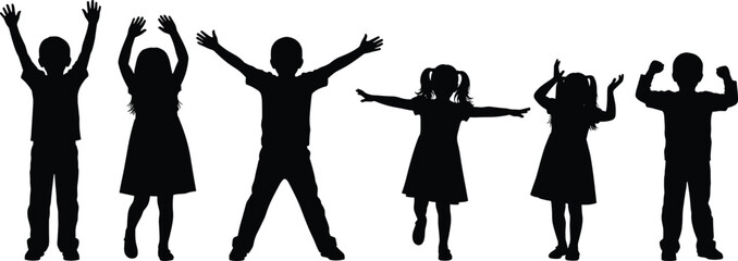 Happy Children Silhouettes Set: Boys and Girls with Raised Arms, Playful, Joyful, Energetic Kids, Childhood Fun, Vector Illustration.