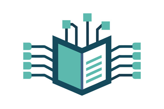 Abstract digital book icon with circuit board elements symbolizing technology and knowledge integration on a black background