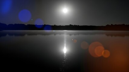 Serene nighttime landscape featuring a bright full moon casting its reflection across the still waters of a tranquil lake