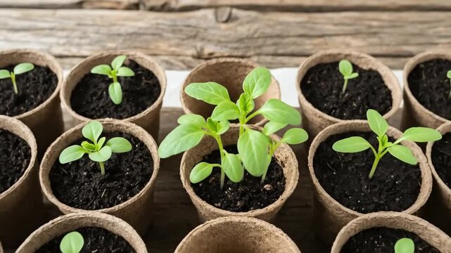 Seedlings growing in rows inside pots viewed from overhead