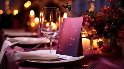 Elegant dining table prepared with a gleaming glass, decorated menu, and floral centerpiece, illuminated by warm candle lights, creating a luxurious ambiance for a special celebration.
