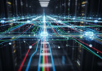 Futuristic server room glows with vibrant data streams, showcasing cutting-edge technology and seamless connectivity for modern business solutions and advanced networks