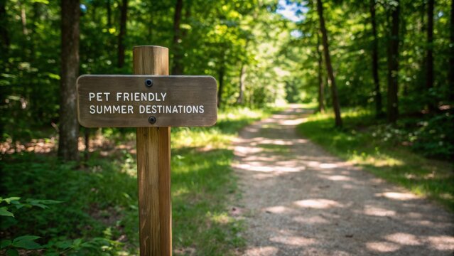 Pet friendly summer destinations concept. Wooded path sign indicating pet-friendly summer destinations amidst greenery.