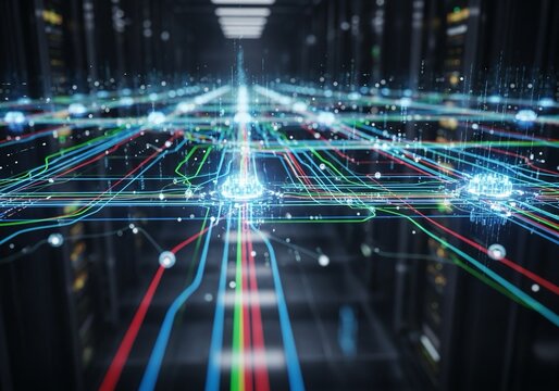 Futuristic server room glows with vibrant data streams, showcasing cutting-edge technology and seamless connectivity for modern business solutions and advanced networks