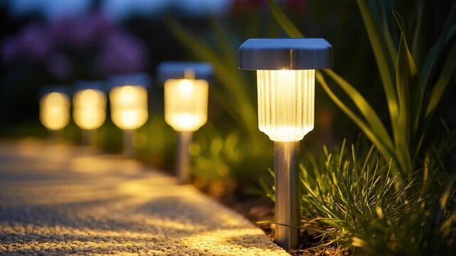 Solar pathway lights illuminated at dusk