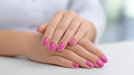 Naklejka premium Woman's hands showing well groomed fingernails with vibrant pink nail polish after a fresh manicure, symbolizing female beauty, self care, and professional nail treatment with copy space