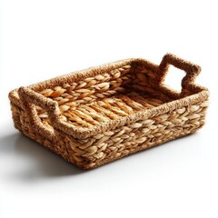 Obraz premium Woven Water Hyacinth Basket with Handles on White Background