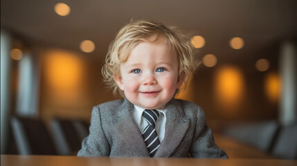 Toddler dressed in a business suit and tie smiling, representing concepts of young leader, future generation, or business prodigy in a meeting room setting
