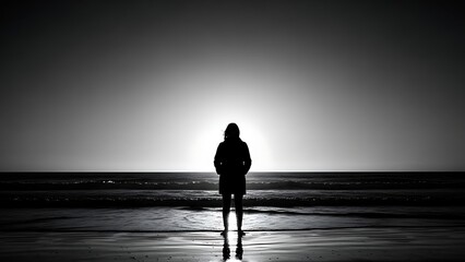 Powerful Black and White View of a Person Contemplating the Endless Ocean at Dawn or Dusk, a Moment of Solitude and Reflection