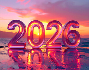 The text 2026 shaped from glowing 3D glass, illuminated by warm sunset gradients