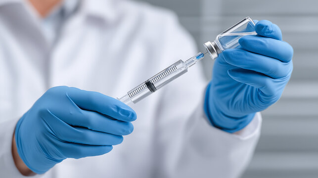 Medical professional preparing vaccine or medication with syringe and vial, filling liquid medicine for injection, global vaccination program concept with copy space