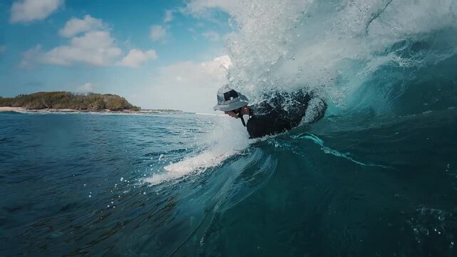 Beginner surfer gets hit by the wave after his wrong take off positioning