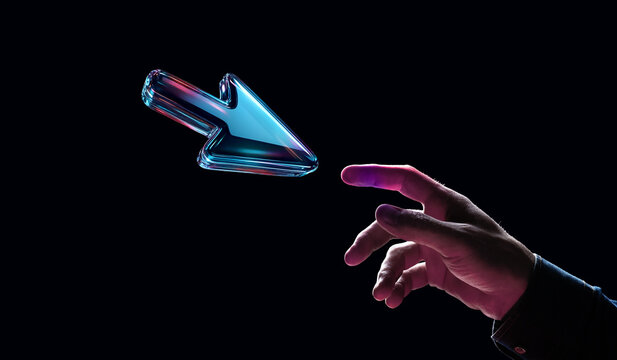 Hand reaching toward glowing 3D arrow in futuristic neon light. Concept of digital navigation, UX direction cues, interface guidance, tech innovation, and modern workflow visuals.