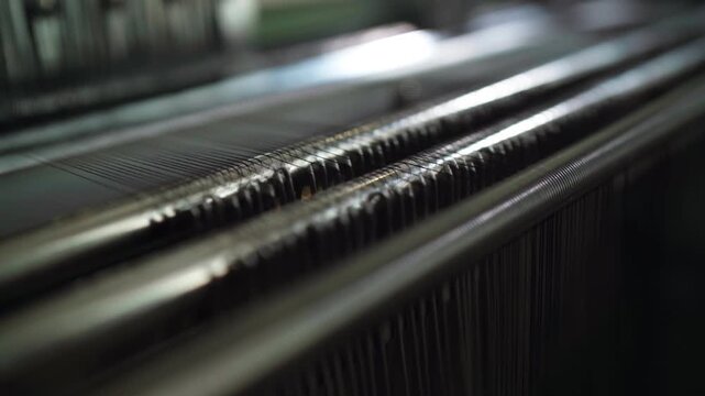 Macro metal rods and weaving threads, shimmering yarn passing over polished rods, shallow focus, moody industrial