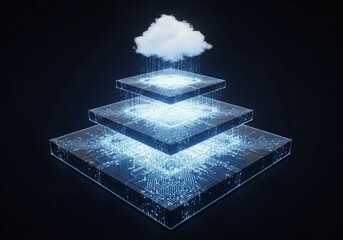 Dynamic cloud computing architecture with data streams connecting glowing digital circuit boards, showcasing modern technology, secure networks, and innovative data processing solutions.